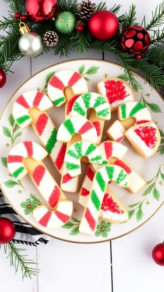 A plate of candy cane-shaped sugar stick cookies decorated with red and green sugar, set in a festive holiday setting.